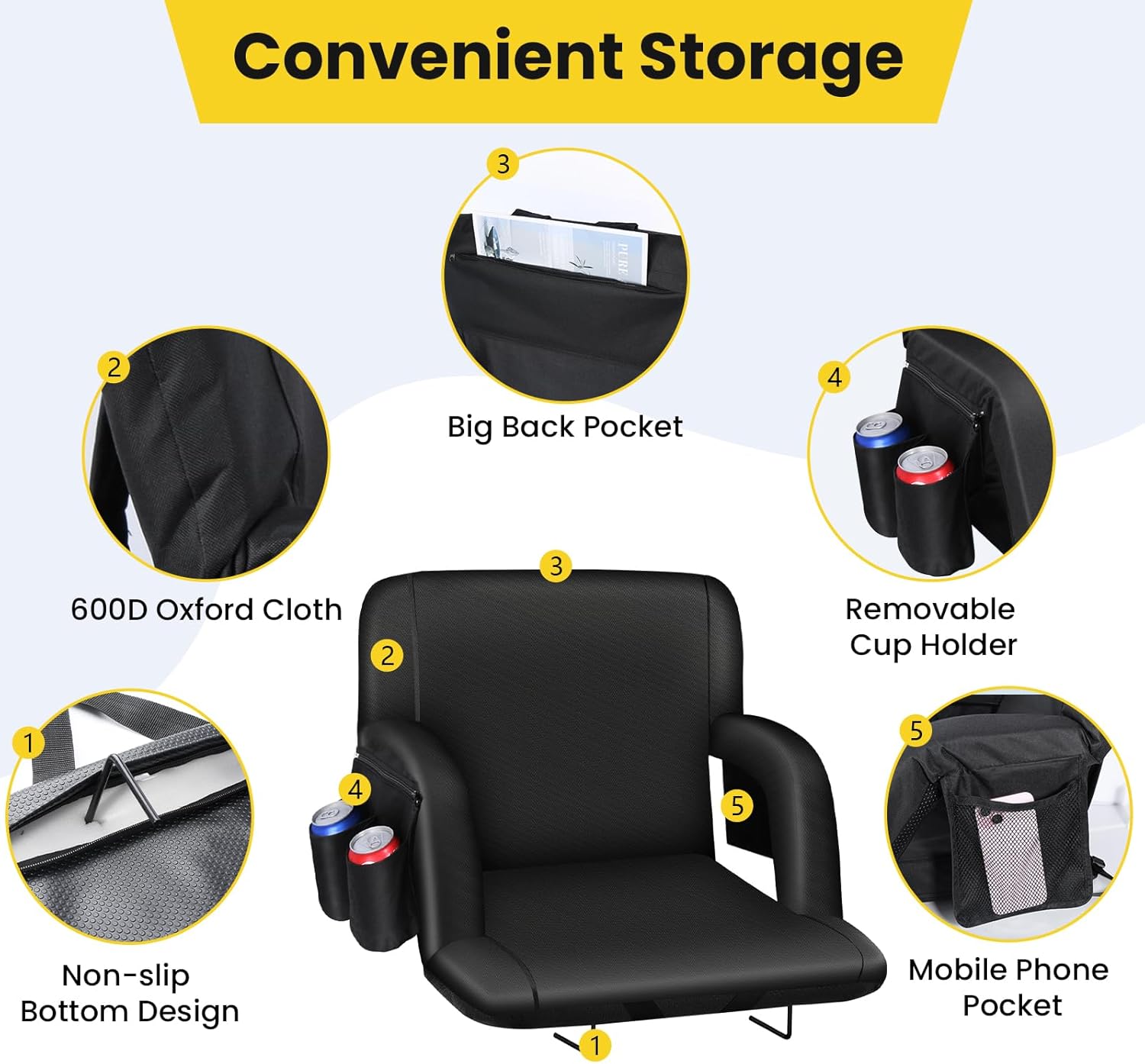 Stadium Seats with Back Support - 2.6''Thick Padded Bleacher Seat,6 Reclining Positions, Foldable Armrests, 3 Pockets, Steel Bleacher Hooks,Portable Strap for Sport Events, Beaches [2 PCS]